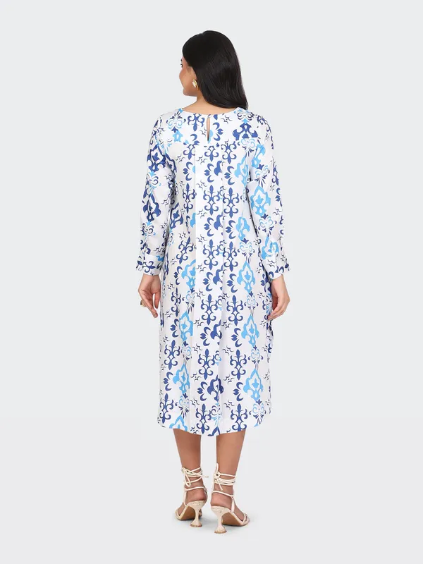 White_Cotton_Blue_Spring_Calf_Length_Dress_For_Women