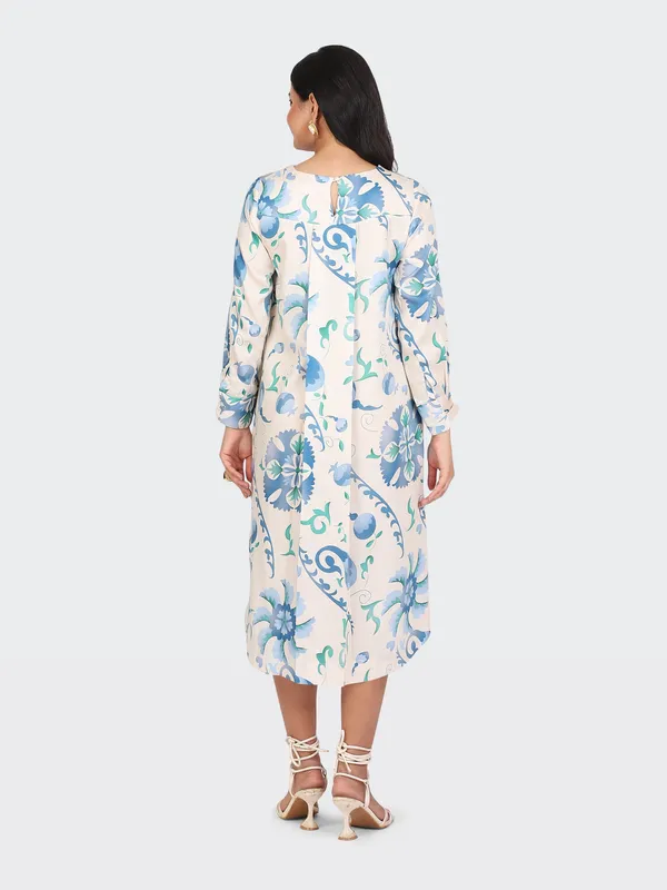 White_Cotton_Sky_Blue_Spring_Calf_Length_Dress_For_Women