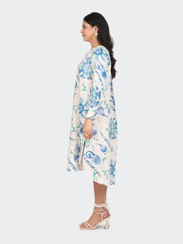White_Cotton_Sky_Blue_Spring_Calf_Length_Dress_For_Women