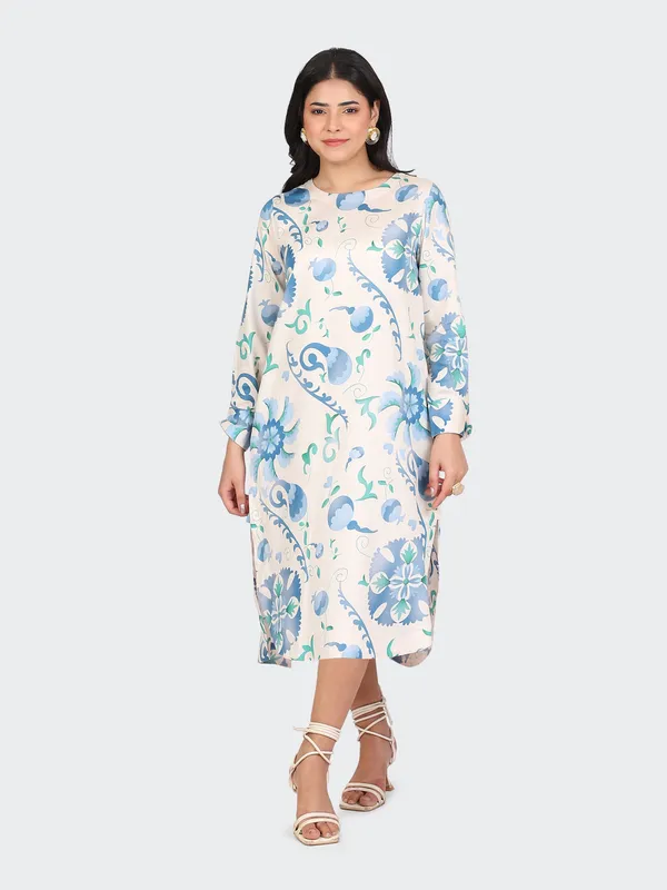 White_Cotton_Sky_Blue_Spring_Calf_Length_Dress_For_Women