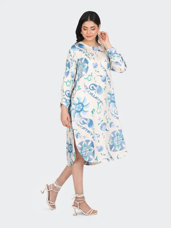 White_Cotton_Sky_Blue_Spring_Calf_Length_Dress_For_Women