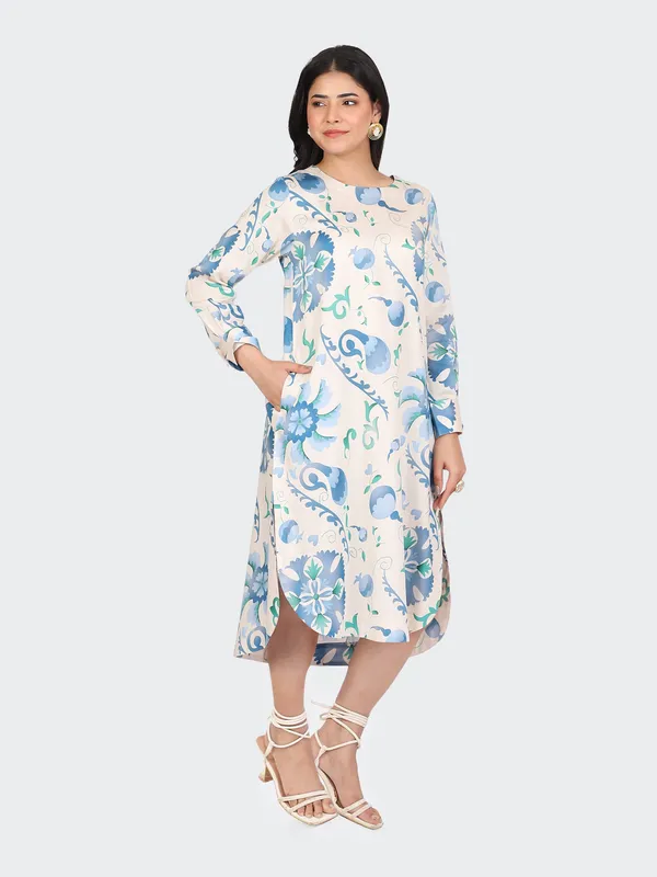 White_Cotton_Sky_Blue_Spring_Calf_Length_Dress_For_Women
