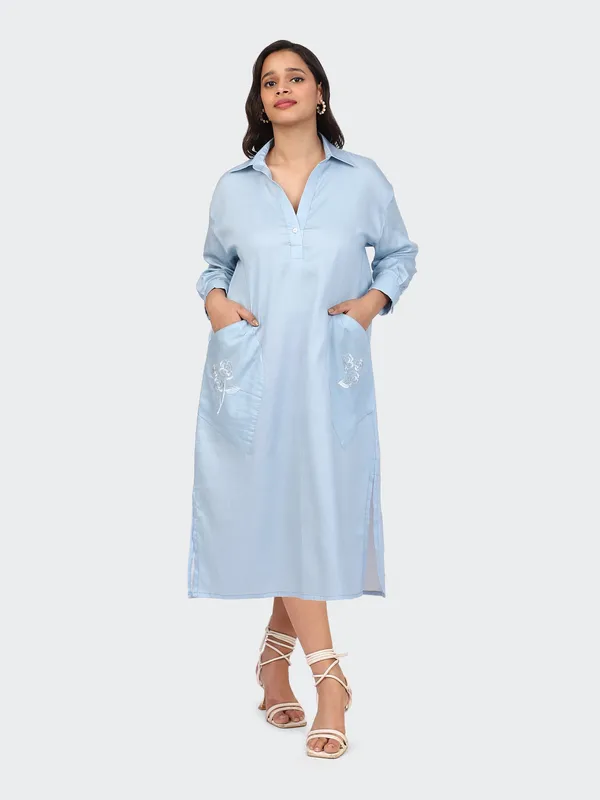 Blue_Cotton_Sky_Embroidered_Pockets_Oversized_Calf_Length_Dress_For_Women