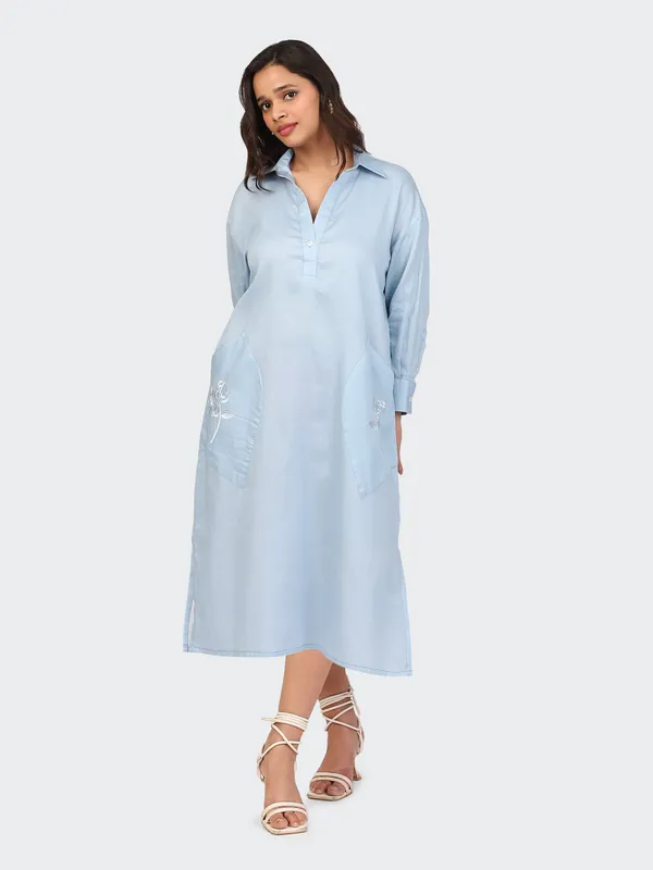 Blue_Cotton_Sky_Embroidered_Pockets_Oversized_Calf_Length_Dress_For_Women