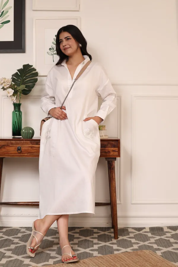 White_Cotton_Embroidered_Pockets_Oversized_Calf_Length_Dress_For_Women