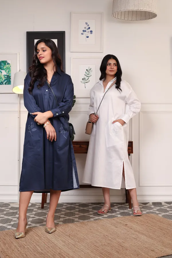 White_Cotton_Embroidered_Pockets_Oversized_Calf_Length_Dress_For_Women