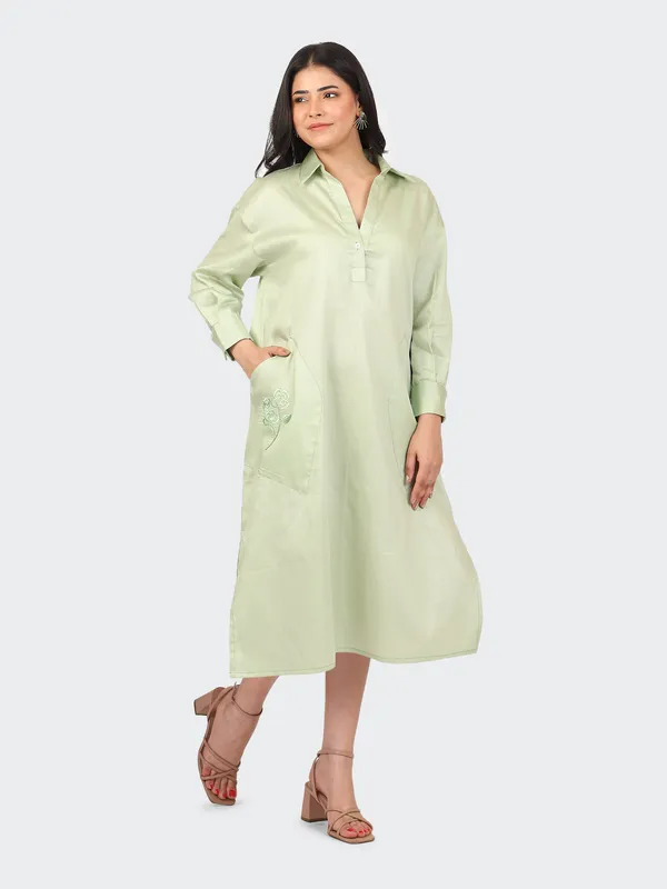 Green_Cotton_Mint_Embroidered_Pockets_Oversized_Calf_Length_Dress_For_Women