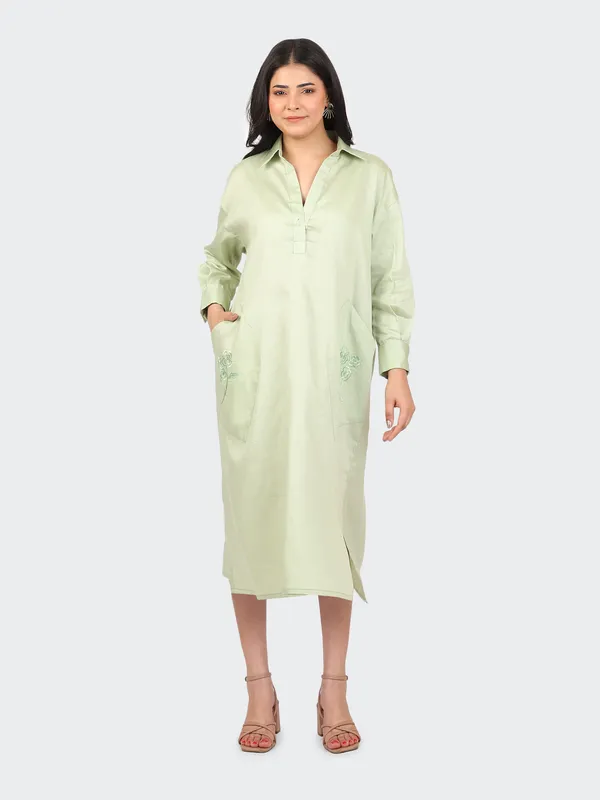 Green_Cotton_Mint_Embroidered_Pockets_Oversized_Calf_Length_Dress_For_Women