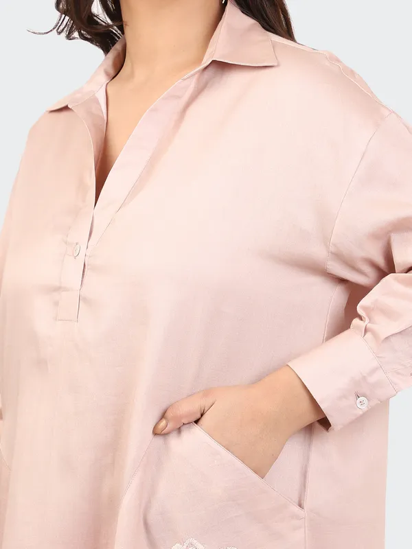 Pink_Cotton_Dusty_Rose_Embroidered_Pockets_Oversized_Calf_Length_Dress_For_Women