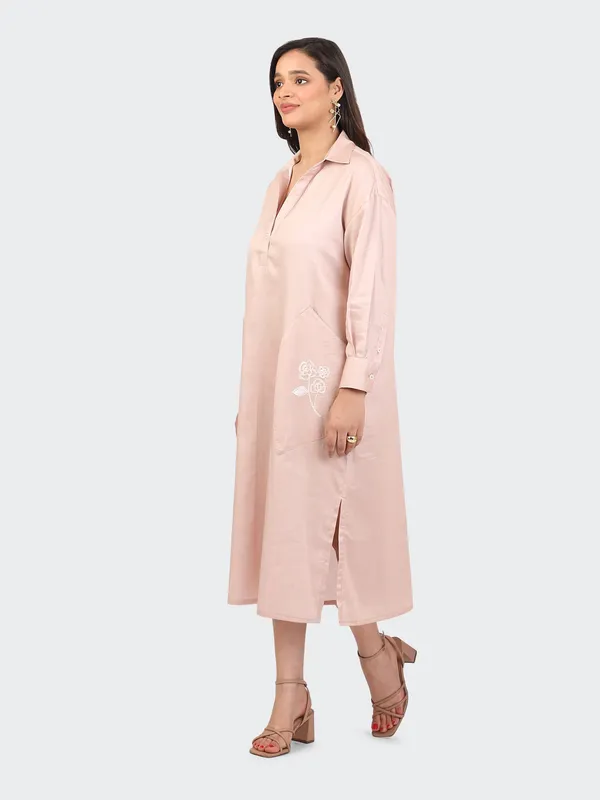 Pink_Cotton_Dusty_Rose_Embroidered_Pockets_Oversized_Calf_Length_Dress_For_Women