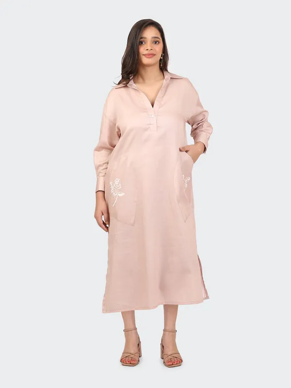 Pink_Cotton_Dusty_Rose_Embroidered_Pockets_Oversized_Calf_Length_Dress_For_Women