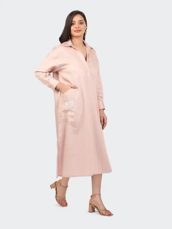 Pink_Cotton_Dusty_Rose_Embroidered_Pockets_Oversized_Calf_Length_Dress_For_Women