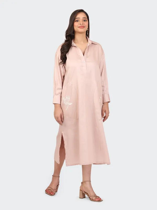 Pink_Cotton_Dusty_Rose_Embroidered_Pockets_Oversized_Calf_Length_Dress_For_Women