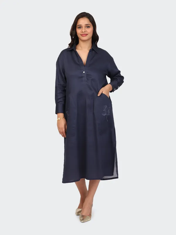 Navy_Blue_Cotton_Embroidered_Pockets_Oversized_Calf_Length_Dress_For_Women