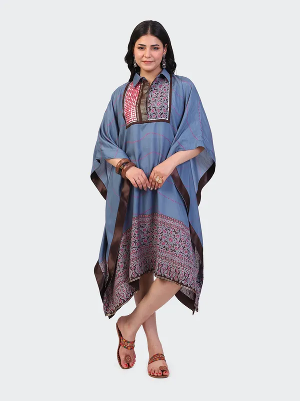 Blue_Cotton_Turquoise_Mirror_Work_Embroidered_Front_Kaftan_Dress_For_Women