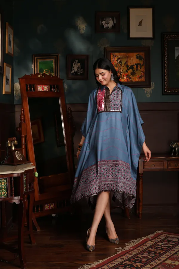 Blue_Cotton_Turquoise_Mirror_Work_Embroidered_Front_Kaftan_Dress_For_Women