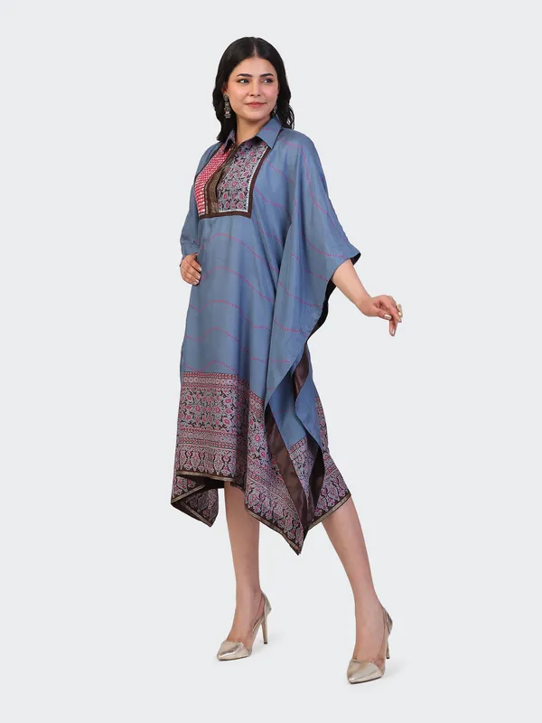 Blue_Cotton_Turquoise_Mirror_Work_Embroidered_Front_Kaftan_Dress_For_Women