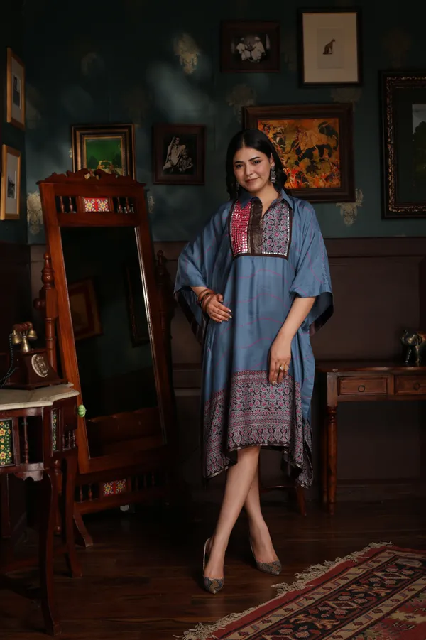 Blue_Cotton_Turquoise_Mirror_Work_Embroidered_Front_Kaftan_Dress_For_Women