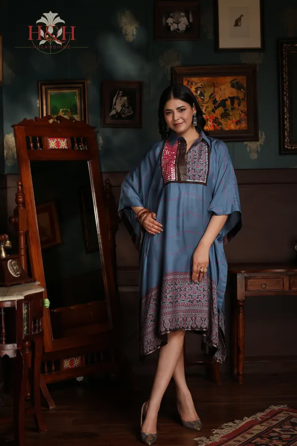 Blue_Cotton_Turquoise_Mirror_Work_Embroidered_Front_Kaftan_Dress_For_Women