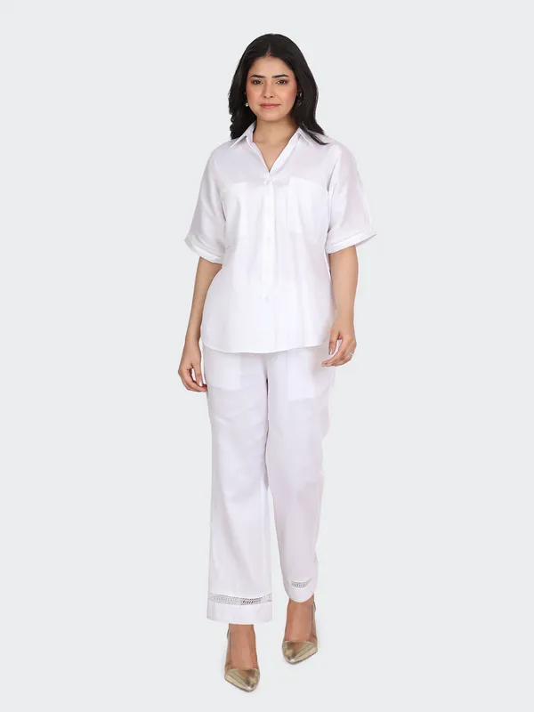 White_Cotton_Decorative_Lace_Pockets_Sleeves_Back_Co_Ord_Set_For_Women