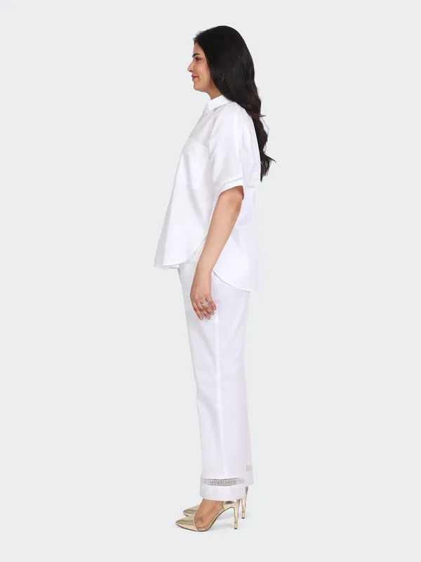 White_Cotton_Decorative_Lace_Pockets_Sleeves_Back_Co_Ord_Set_For_Women