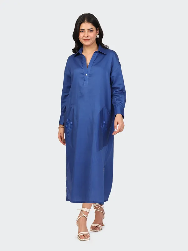 Royal_Blue_Cotton_Embroidered_Pockets_Oversized_Calf_Length_Dress_For_Women