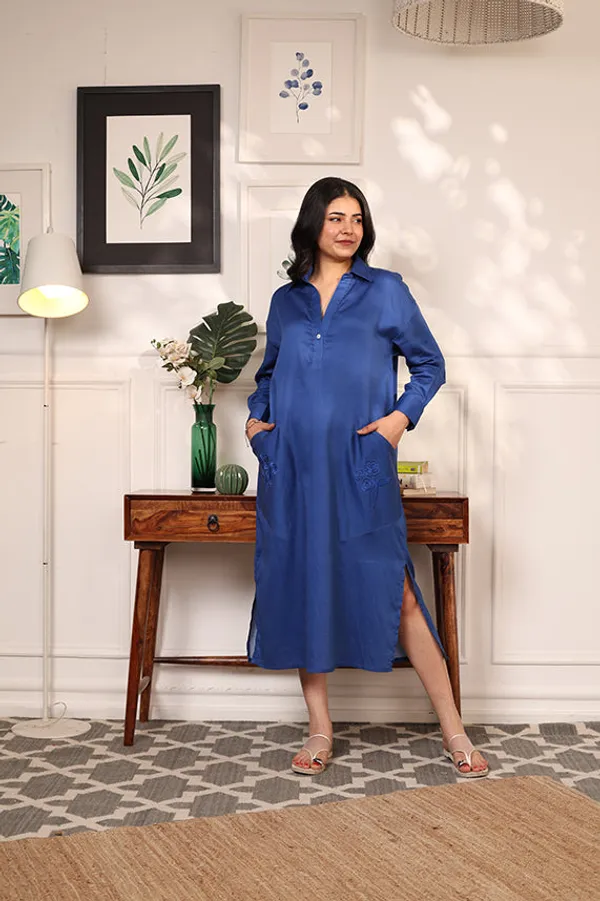 Royal_Blue_Cotton_Embroidered_Pockets_Oversized_Calf_Length_Dress_For_Women