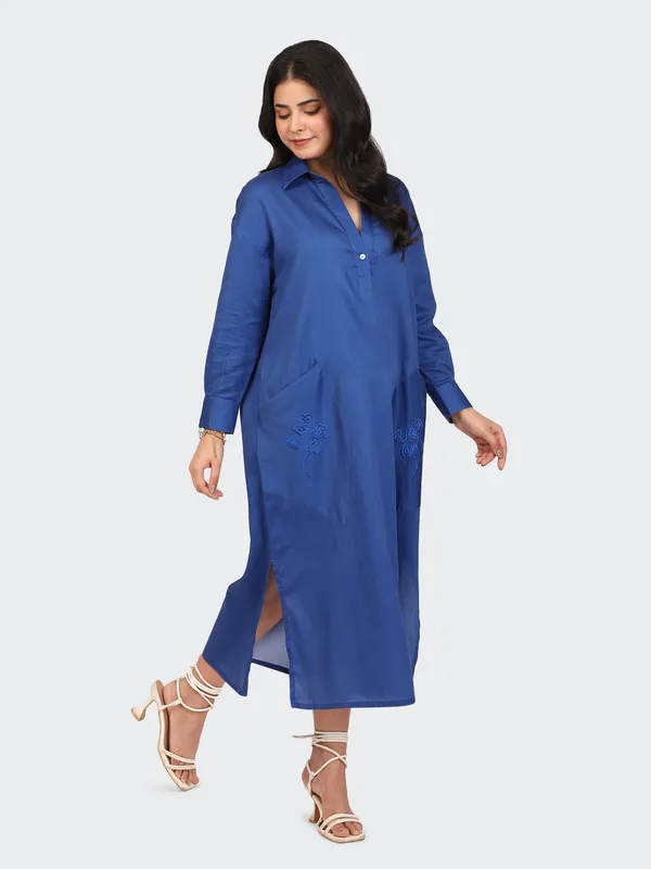 Royal_Blue_Cotton_Embroidered_Pockets_Oversized_Calf_Length_Dress_For_Women
