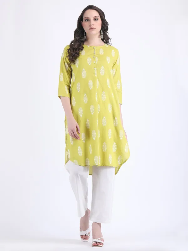 Yellow_Cotton_Apple_Green_Self_Woven_Choga_Kurta_Set_For_Women