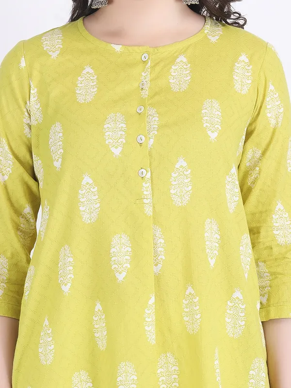 Yellow_Cotton_Apple_Green_Self_Woven_Choga_Kurta_Set_For_Women