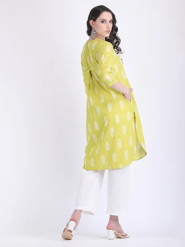 Yellow_Cotton_Apple_Green_Self_Woven_Choga_Kurta_Set_For_Women