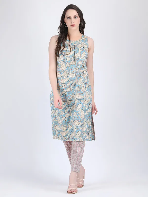 Blue_Cotton_Paisley_Print_Box_Pleats_Kurta_With_Pencil_Pants_For_Women