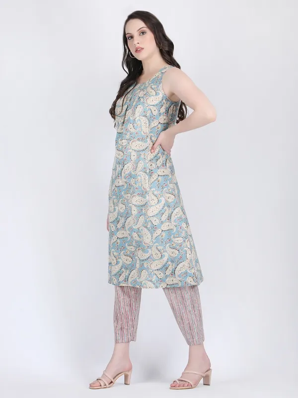 Blue_Cotton_Paisley_Print_Box_Pleats_Kurta_With_Pencil_Pants_For_Women