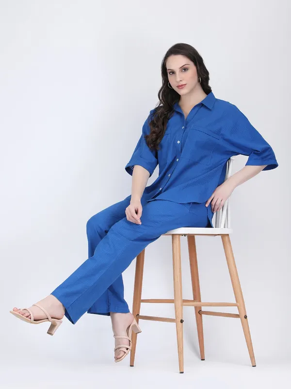 Blue_Cotton_Diva_Check_Collared_Chest_Pockets_Co_Ord_Set_For_Women