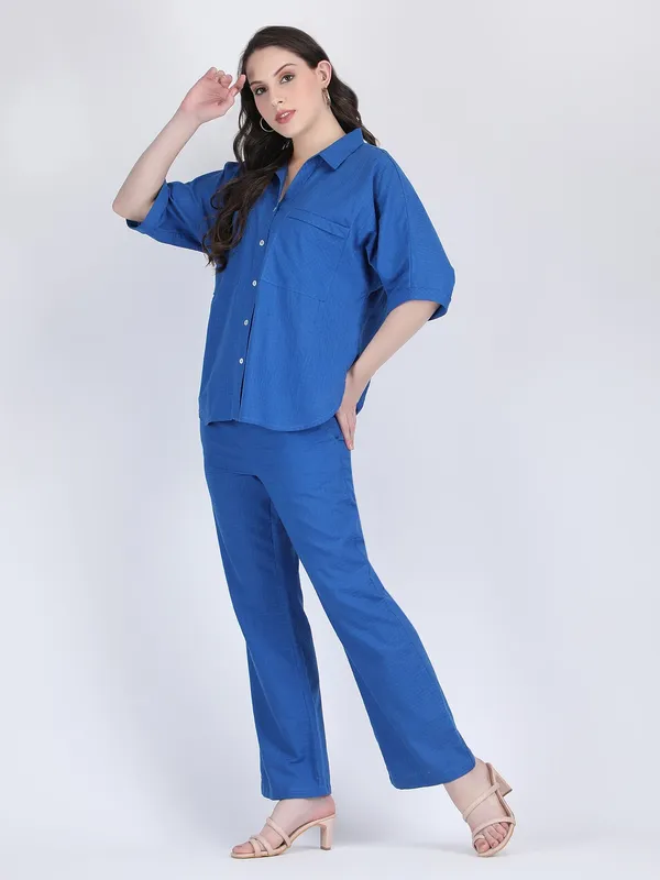 Blue_Cotton_Diva_Check_Collared_Chest_Pockets_Co_Ord_Set_For_Women