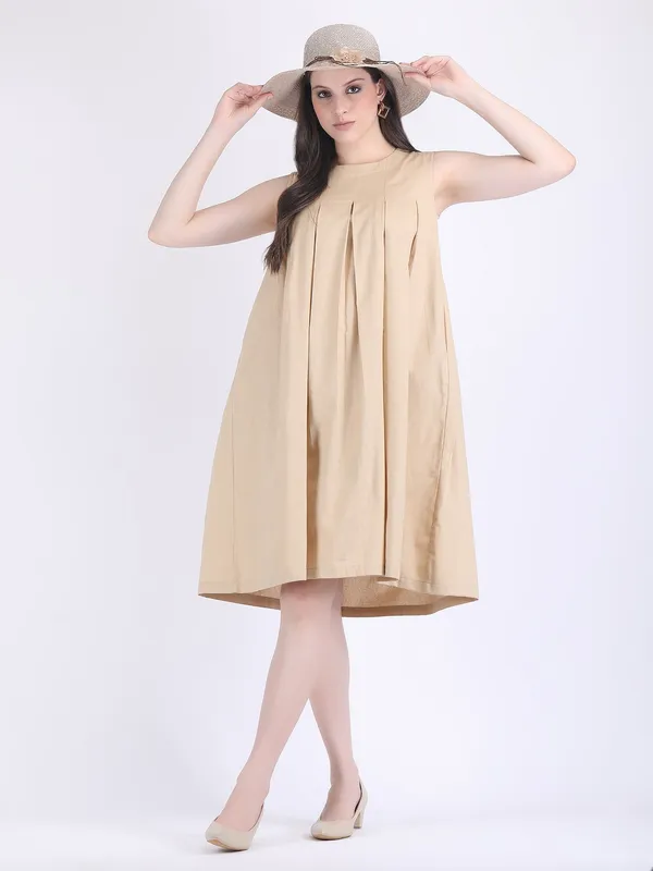 Beige_Cotton_Flex_Light_Fawn_Box_Pleated_Dress_Kurta_Set_With_Straight_Pants_For_Women