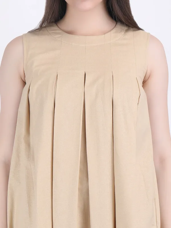 Beige_Cotton_Flex_Light_Fawn_Box_Pleated_Dress_Kurta_Set_With_Straight_Pants_For_Women