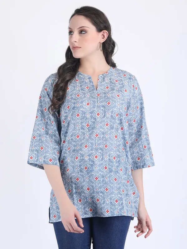 Blue_Cotton_Sky_Print_Kurti_For_Women