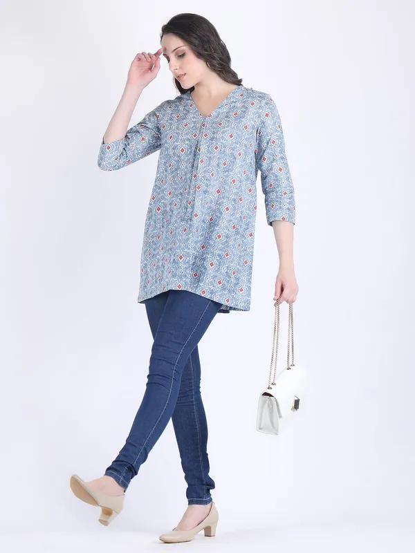 Blue_Cotton_Sky_Print_A_Line_Kurti_For_Women