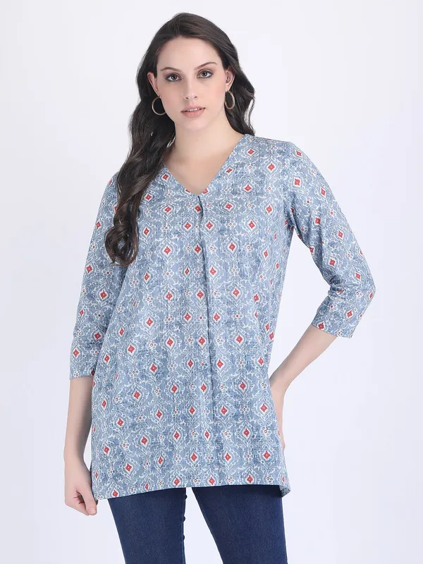 Blue_Cotton_Sky_Print_A_Line_Kurti_For_Women