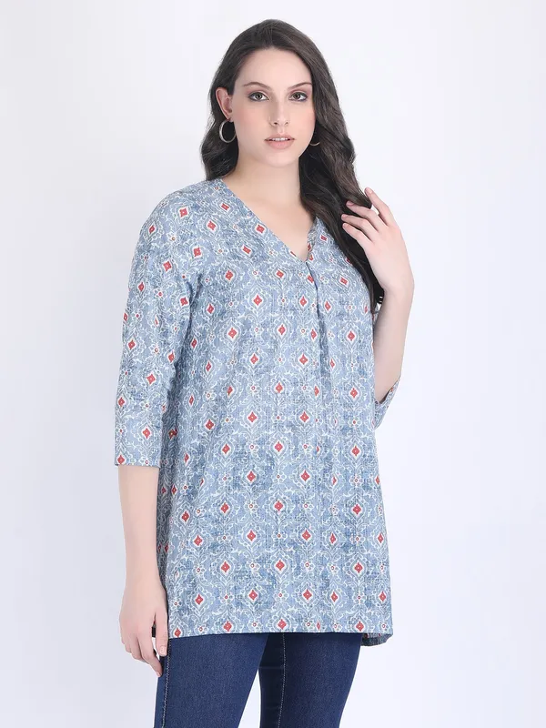 Blue_Cotton_Sky_Print_A_Line_Kurti_For_Women