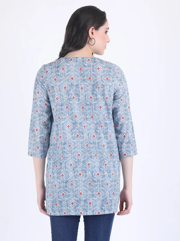 Blue_Cotton_Sky_Print_A_Line_Kurti_For_Women