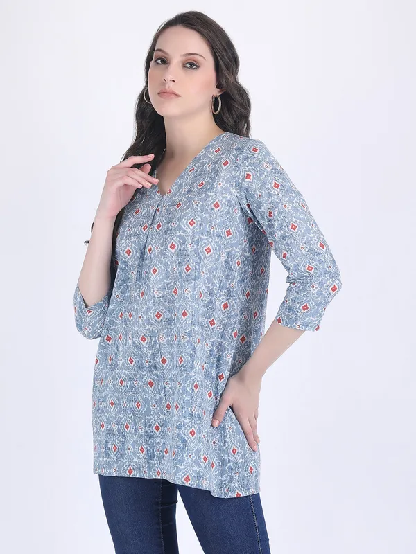 Blue_Cotton_Sky_Print_A_Line_Kurti_For_Women