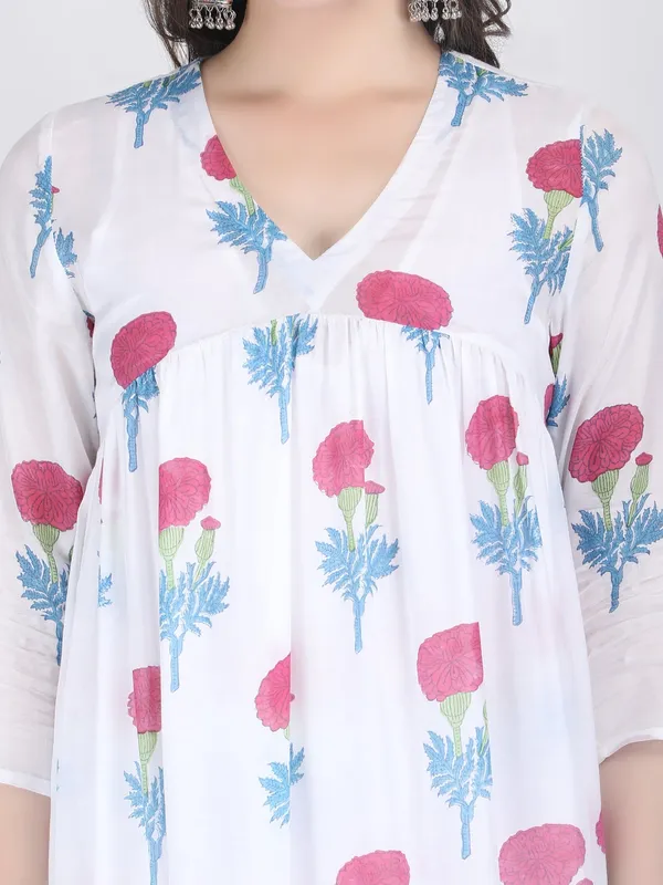 White_Muslin_Viscose_Pink_Floral_Motifs_Flared_Long_Shirt_For_Women