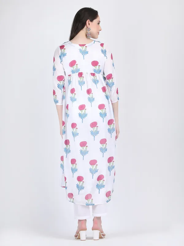 White_Muslin_Viscose_Pink_Floral_Motifs_Flared_Long_Shirt_For_Women