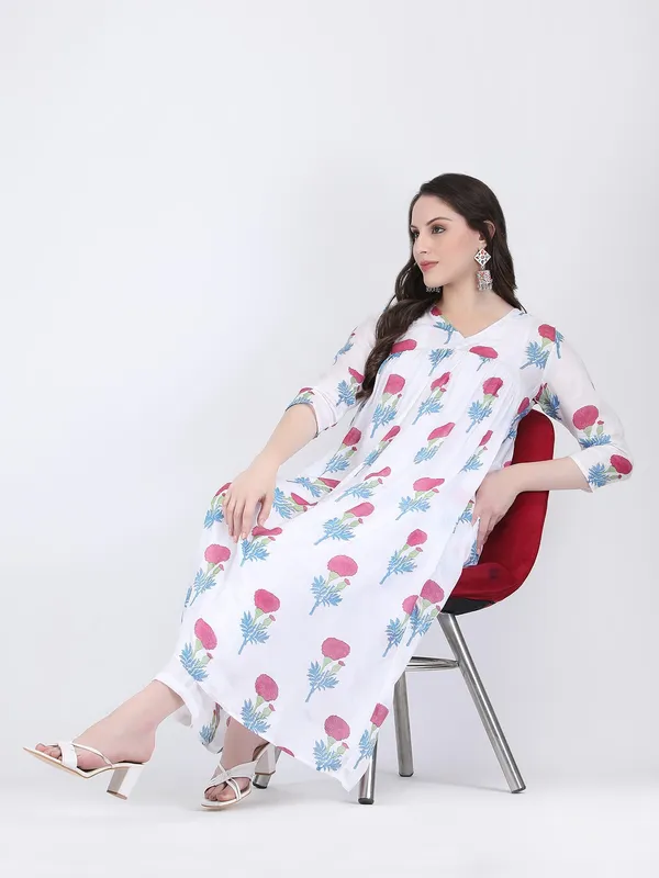 White_Muslin_Viscose_Pink_Floral_Motifs_Flared_Long_Shirt_For_Women
