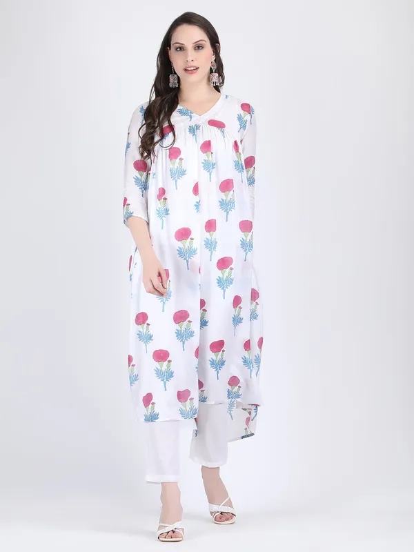 White_Muslin_Viscose_Pink_Floral_Motifs_Flared_Long_Shirt_For_Women