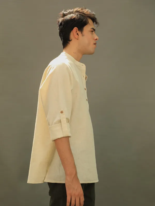 Beige_Cotton_Flex_Folded_Sleeves_Summer_Short_Kurta_For_Women