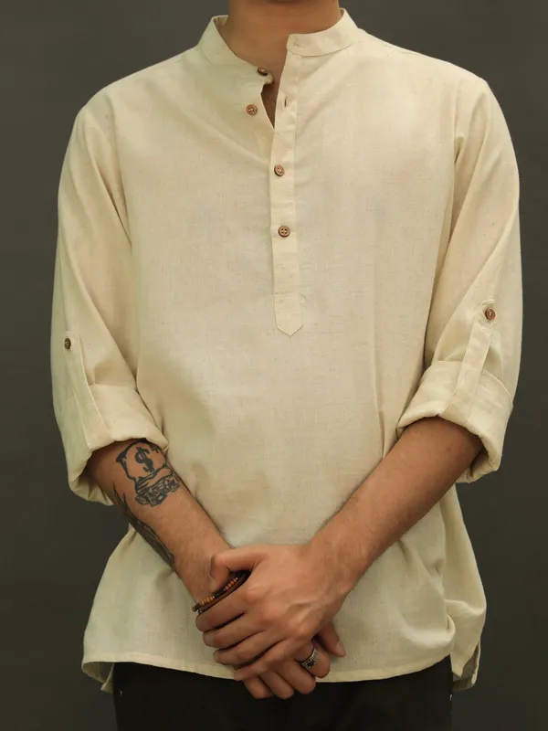 Beige_Cotton_Flex_Folded_Sleeves_Summer_Short_Kurta_For_Women
