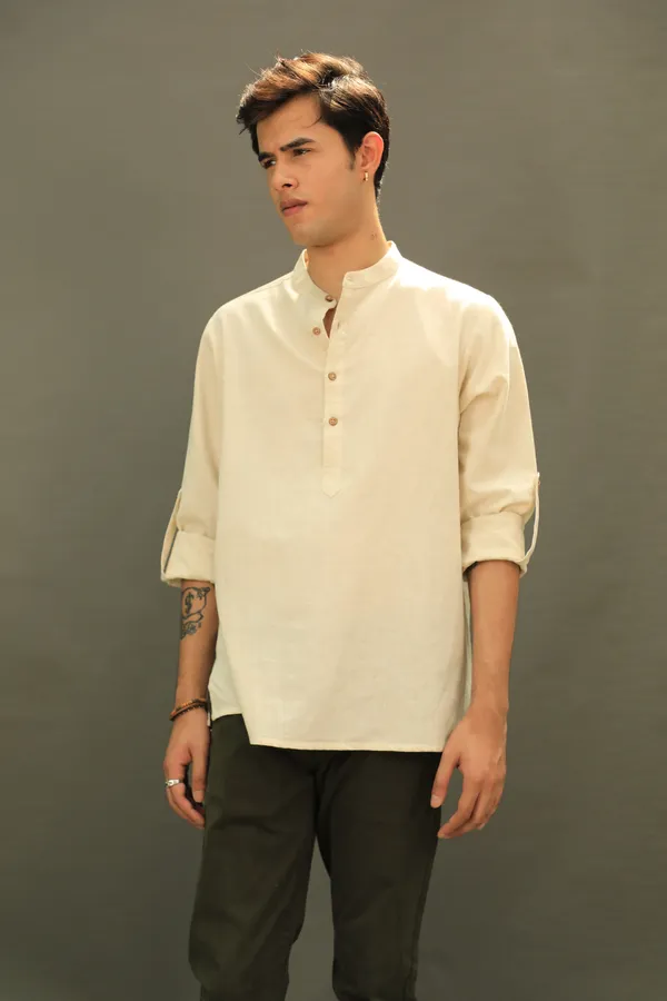 Beige_Cotton_Flex_Folded_Sleeves_Summer_Short_Kurta_For_Women